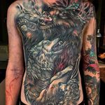 Aggressive bear and wolves full front piece by Rachi Brains. #wolf #wolves #bear #neotraditional #illustrative #RachiBrains