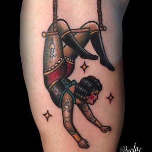 Trapeze artist tattoo by Paola Fernández. #traditional #trapeze #trapezeartist #circus #act #circusperformer #freak #PaolaFernandez #tattooedlady