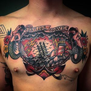 An epic sailor's grave chest-piece by Martin Blomberg (IG—blombergsuspiria). #MartinBlomberg #sailorsgrave #traditional