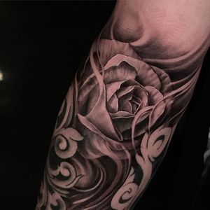 Black and grey rose and filigree by Miguel Camarillo. #blackandgrey #realism #MiguelCamarillo #rose #flower #filigree