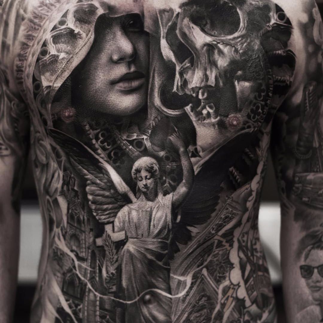 Black and Grey Heaven and Hell tattoo detail by Dimas Reyes TattooNOW