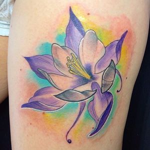 Purple columbine flower tattoo by Ryan Willard. #flower #floral #columbine #columbineflower #neotraditional #RyanWillard