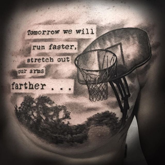 Tattoo uploaded by Stacie Mayer • Basketball themed chest piece by Jay Quarles. #blackandgrey #realism #basketball #quote #lettering #JayQuarles • Tattoodo