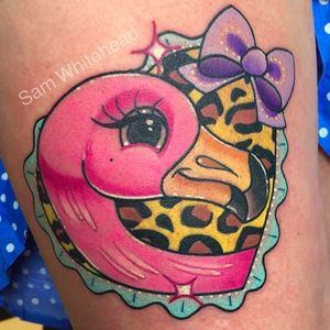 Flamingo Heart Tattoo by Sam Whitehead @Samwhiteheadtattoos #Samwhiteheadtattoos #Colorful #Girly #Girlytattoo #Neotraditional  #Blindeyetattoocompany #Leeds #UK #Flamingo #Heart