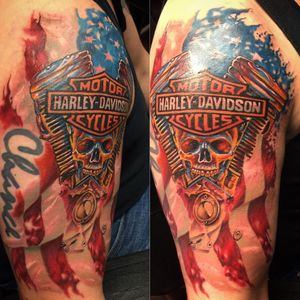 A patriotic Harley-Davidson piece by Rene Garcia (IG—renegarciatattoos). #AmericanFlag #Harley #HarleyDavidson #ReneGarcia #Skull