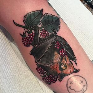 Fruit bat nibbling on some berries. Tattoo by Tan Van Den Broek. #neotraditional #fruit #berries #bat #fruitbat #TanVanDenBroek