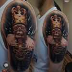Skeleton King tattoo by James Artink. #king #crown #skeleton #skeletonking #realism #colorrealism #JamesArtink
