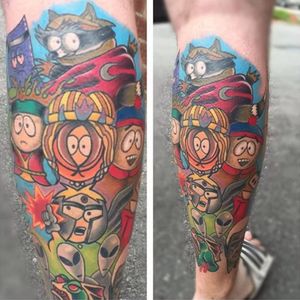 The gang out in their quiet mountain town. Tattoo by John Mazurek (Instagram @john_mazurek). #aliens #Butters #Cartman #JohnMazurek #Kenny #Kyle #newschool #ProfessorChaos #SouthPark #Stan #theCoon #Towelie