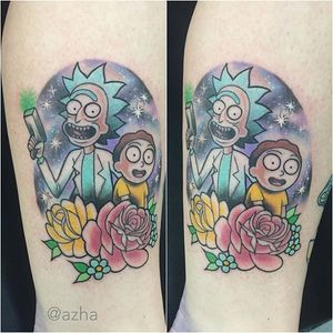 A floral tribute to Rick and Morty. Tattoo by Azha #RickAndMorty #RickSanchez #MortySmith #cartoon #Azha