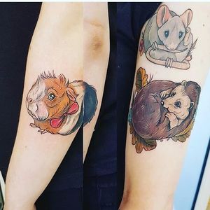 Neo trad guinea pig, rat and hedgehog tattoos by Aimee Bray. #neotraditional #guineapig #rat #rodent #hedgehog #AimeeBray
