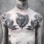 Mudra tattoo by Veks Van Hillik #VeksVanHillik #blackwork #surrealistic #graphic #mudra #apple #seashell