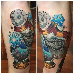 A Harry Potter owl and snow globe themed calf piece. #KittyDearest #neotraditional #HarryPotter #owl #snowglobe #snowflake