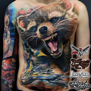 Arguably the best tattoo portrait of Rocket Raccoon ever by Oleg Shepelenko (IG-olegtattoo). #GuardiansoftheGalaxy #nerdytattoos #OlegShepelenko #portraiture #realism #RocketRaccoon