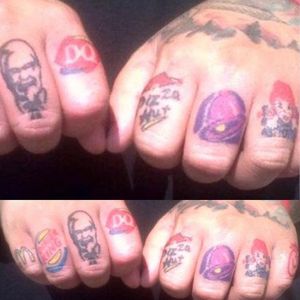 Funny Tattoos: My favorite fast food spots #funnytattoos #fail #bad #fastfood #logo #foodtattoo #kfc #pizza #pizzahurt #dq #icecream #tacobell #wendys #mcdonalds