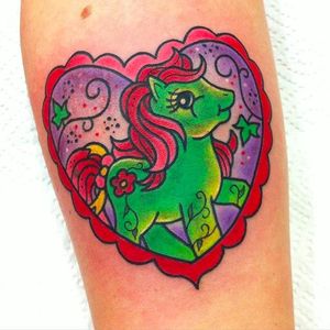 Green and pink My Little Pony tattoo by @roxyryder #roxyryder #mylittlepony #Alchemytattoostudio #UK