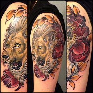 Lion and flowers tattoo by Kat Abdy. #neotraditional #KatAbdy #lion #flowers