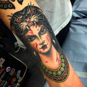 Fierce Panther Lady Tattoo by Xam @XamTheSpaniard #Xam #XamtheSpaniard #Beautiful #Gypsy #Panther #Girl #Lady #Traditional #sevendoorstattoo #London