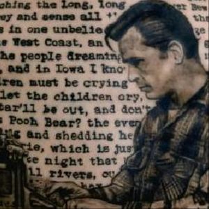 A very literary portrait of Jack Kerouac with text from On the Road behind him. #American #blackandgrey #literary #JackKerouac #portraits #text