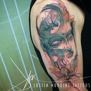 Budda tattoo by Justin Nordine #JustinNordine #lotus #watercolor #linework #shapes #budda #buddhism