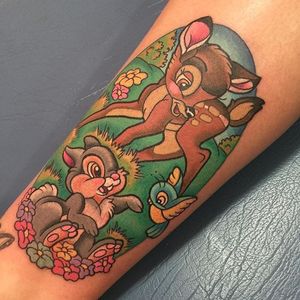 Bambi tattoo by Sarah K. #SarahK #bambi #disney #waltdisney #deer #fawn #rabbit