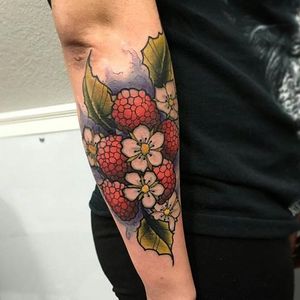 A lovely neo traditional raspberry flower and fruit tattoo by Joey Borger. #raspberry #flower #fruit #neotraditional #JoeyBorger