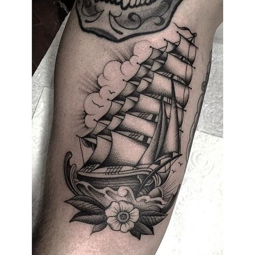 Ship Tattoo by Gianluca Fusco #ship #blackandgrey #blackandgreyart #fineline #blackandgreyartist #GianlucaFusco