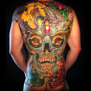Tibetan Skull back tattoo done by Matty D. Mooney. #backpiece #backtattoo #tibetanskull #skull #mattydmooney