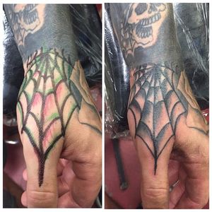 Spider Web Tattoo by Austin Hausler #spiderweb #hand #traditional #AustinHausler