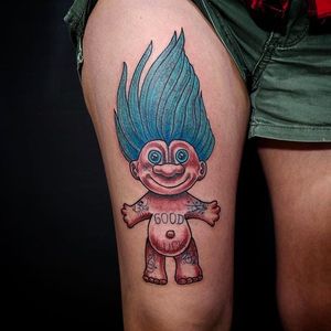 Tattooed troll doll tattoo by @robrambila #troll #trolldoll #trolldolltattoo #vintagetattoo