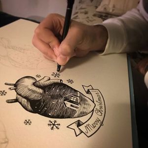Gabri Pais working on a Christmas card, also utilizing his famous heart shape. (via IG—gabripais) #blackandgrey #scenery #heart #anatomicalheart  #silhouette #gabripais