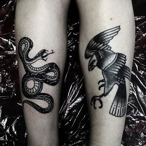Snake and Eagle Tattoo by Mike Adams @mikeadamstattoo #stippling #dotshade #dotshading #eagle #snake #mikeadams #mikeadamstattooing