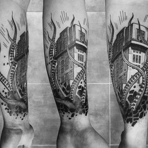Blackwork building Krakken attack tattoo by Monika Malewska. #building #architecture #apartment #tentacles #blackwork #MonikaMalewska #architecturetattoo