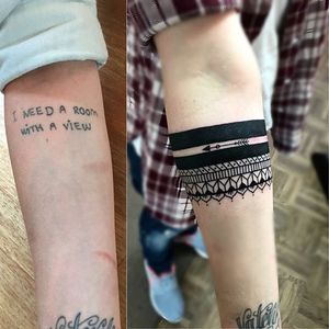 Cover up tattoo by Sarah Antonia. #armband #bracelet #arrow #coverup