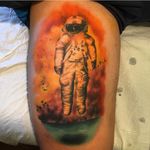 A badass coverup featuring an astronaut by Joshua Nonas (IG—__xxander_). #astronaut #JoshuaNonas #NYCtattooshops #RedRocketTattoo