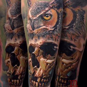 Rad looking skull and owl tattoo done by Martin Kukol. #MartinKukol #realistic #mARTink #owl #skull