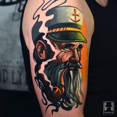 O Captain My Captain! Tattoo by Tomek Kołucki #TomekKołucki #sailortattoos #color #newschool #newtraditional #sailor #seacaptain #captain #anchor #hat #beard #pipe #oldman #seafarer #smoke #graphicart