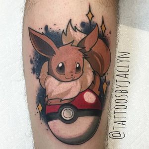 Eeevee tattoo by Jaclyn Huertas. #pokemon #eevee #cute #critter #anime #videogames #kawaii #JaclynHuertas