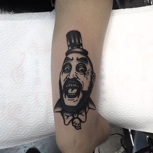 Captain Spaulding Tattoo by Joel Menazzi #Blackwork #portrait #BlackworkPortrait #PopCulture #CaptainSpaulding #JoelMenazzi