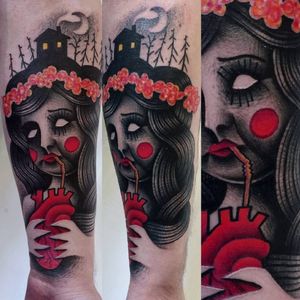 Black and red semi-abstract tattoo by Łukasz Sokołowski. #LukaszSokolowski #semiabstract #blackandred #abstract #graphic #conceptual #lady
