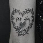 Lovebirds tattoo by Yara Floresta #YaraFloresta #monochrome #blackwork #dotwork #linework #bird #heart #lovebirds