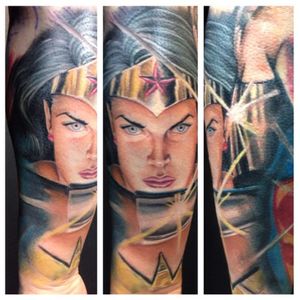 A heroic depiction of Wonder Woman by Kenneth Restrepo (IG—tattoosbykbar). #comicbookcharacters #DC #KennethRestrepo #WonderWoman