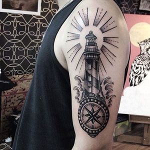 Compass lighthouse, by Guilherme Nogueira Machado #GuilhermeNogueiraMachado #lighthousetattoo #blackandgreytattoo