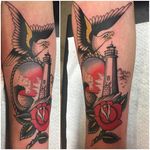Eagle Lighthouse Tattoo by Stizzo #traditional #eagle #lighthouse #rose #sea #fineline #traditionalfineline #classictattoos #Stizzo