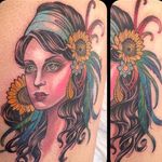 Sunflower gypsy tattoo by Kim Saigh. #neotraditional #flower #sunflower #gypsy #woman #KimSaigh