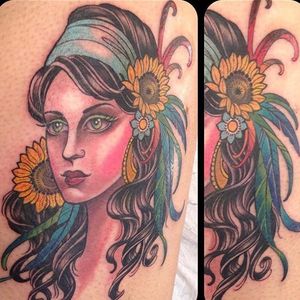 Sunflower gypsy tattoo by Kim Saigh. #neotraditional #flower #sunflower #gypsy #woman #KimSaigh