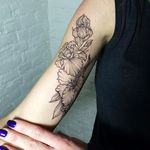 Delicate flower tattoo by Ira Shmarinova #linework #dotwork #arm #blackwork #flowers #flower #floral #blackwork #IraShmarinova
