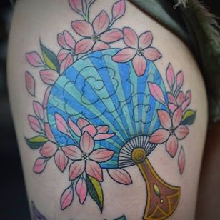 Cherry blossom and fan tattoo by James Bull #JamesBull #japanese #fan #cherryblossom #flower
