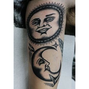 Sun and moon black work tattoo done by Henry Big. #HenryBig #RainCityTattooCollective #traditional #blckwrk #blackwork #sun #moon #crescent