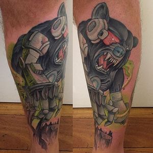 Cyborg bear with Dragon Ball Z power scanner. Tattoo by Jack Douglas. #newschool #JackDouglas #bear #cyborg #DragonballZ
