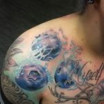 Large color realism blueberry tattoo by @satandatattooartist. #fruit #blueberry #botanical #flora #realism #colorrealism #satandatattooartist
